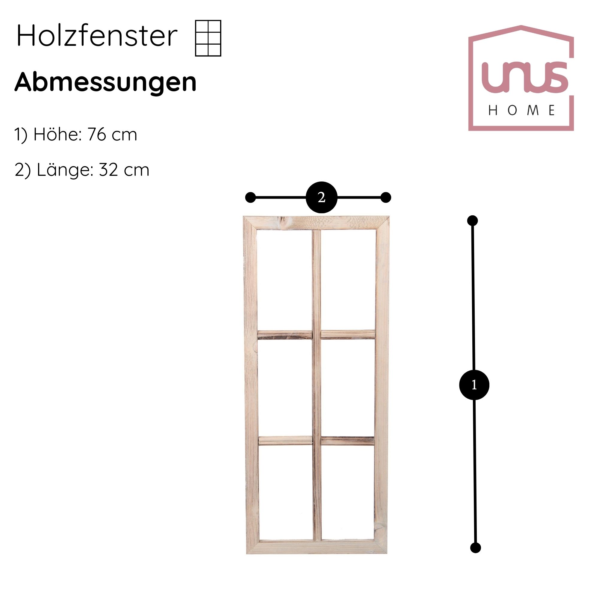 UNUS Fenster Holz Fensterrahmen Vintage Holzfenster Shabby Wanddeko 76x32x2cm